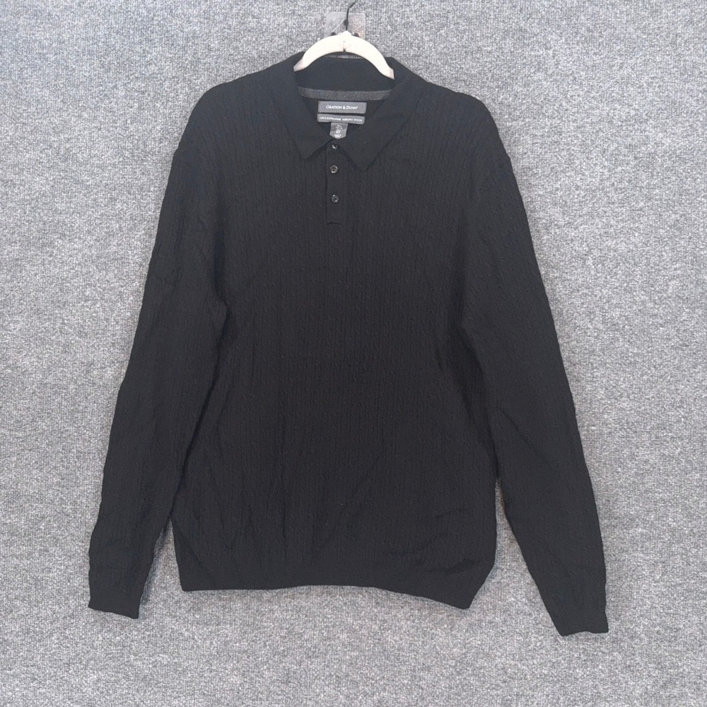 Grayson & Dunn Polo Sweater Mens Large Black Extrafine Merino Wool Cable Knit